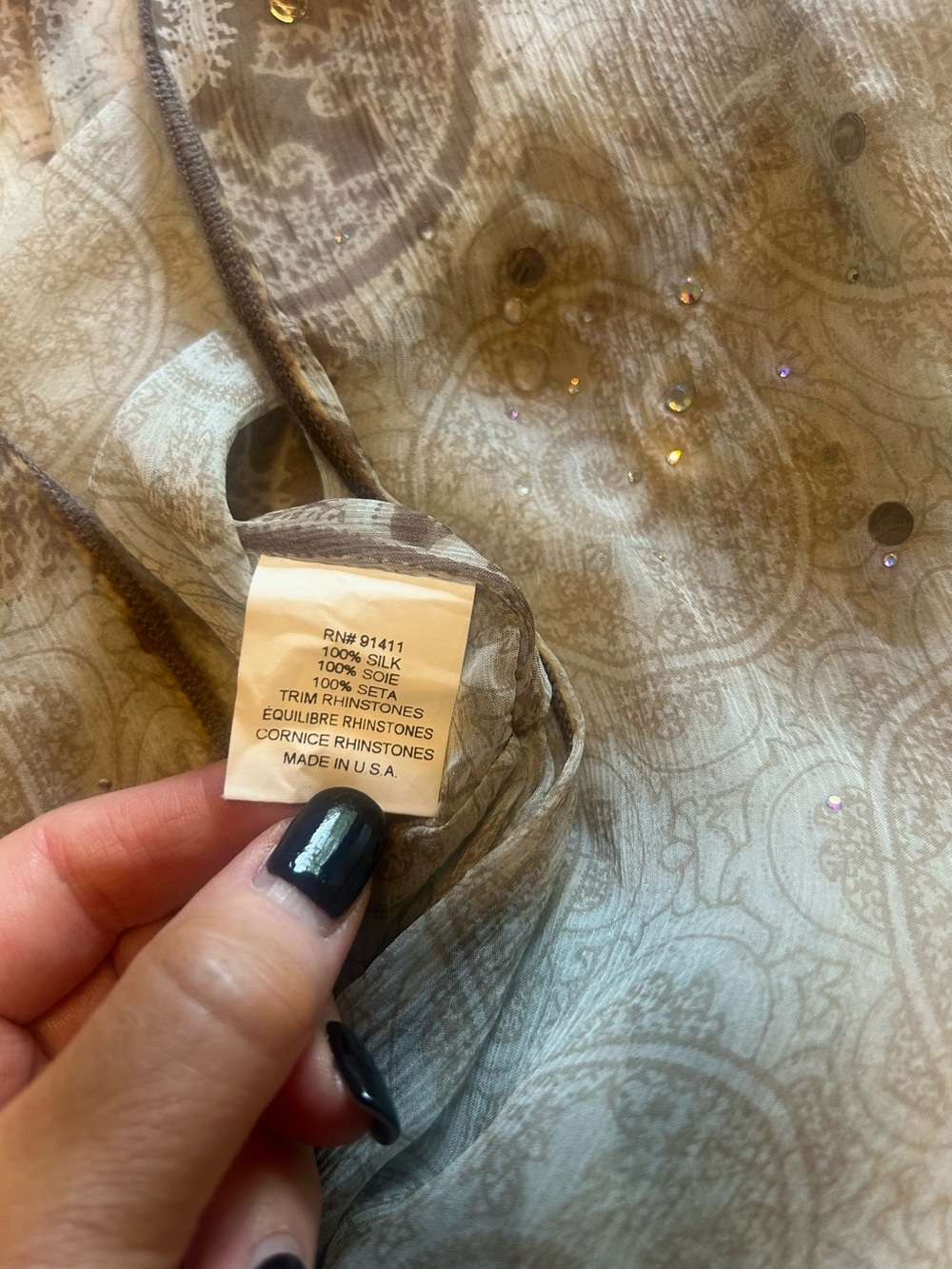 Rozae Nichols 100% Silk Sheer Rhinestone Crinkle Cardigan Jacket M - Picture 12 of 14